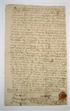 (MASSACHUSETTS.) Document signed by Stephen Sewell, clerk of the court in the Salem witch trials.